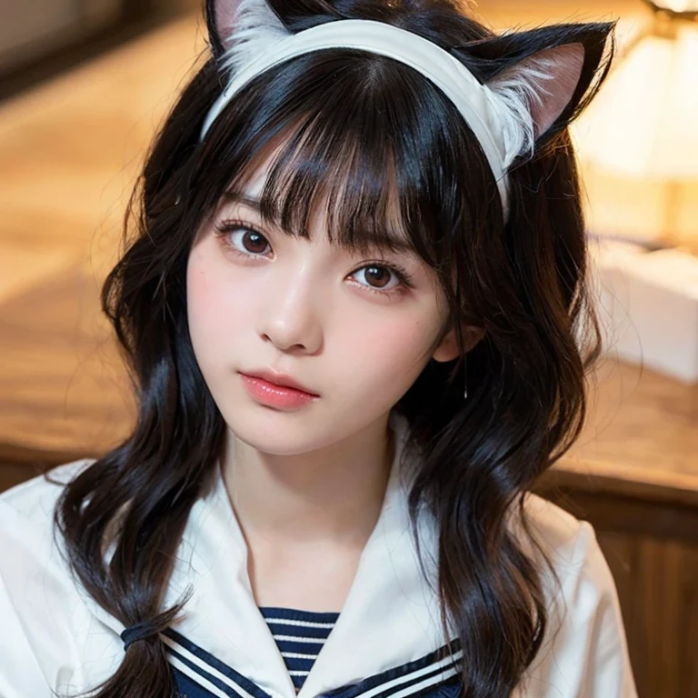 (highest quality,masterpiece:1.3,Ultra-high resolution),(Very detailed,Caustics,8k),(Realistic:1.4,RAW shooting),18-year-old,Japanese,A little sad look,Looking at the camera,Shiny skin, Slender body, Good figure,Rembrandt Lighting, (Photorealistic:1.2), (highest quality), (Detailed skin:1.3), (Intricate details), Ray Tracing,One girl, In detail,real,Detailed skin texture, Black Hair, Long Hair,Cat ears headband, (Wavy Hair:1.2), (Blunt bangs:1.2), cute, Sailor suit,(Face Focus:1.1),(Face close-up:1.1),(Low position::1.3),(Low Angle::1.3),Retro Cafe,