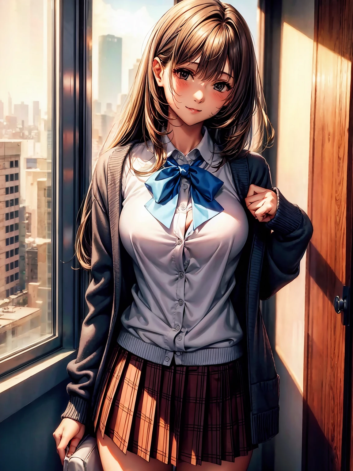 (((highest quality、masterpiece、Very high resolution、Highly detailed images)))、(One beautiful beautiful girl:Talented and colorful:18-year-old,Beautiful body:Slender and beautiful F cup breasts、Beautiful Face:smile、Beautiful Hair:Mr.々Hair style,Best skin and hair texture)、(((High School Uniform:White shirt:Blue Ribbon:Black cardigan:Grey blazer:Brown plaid pleated skirt))),School:corridor:Beautiful sunset from the window,Natural light,(Beautiful pose:Model shoot),Student Council President,Sublime Dreams,Beauty Painting,Overall image、Beautiful images,Accurate Images、Accurate anatomy、Flawless images,Perfect Image,Overall image,(Best Shot,RAW Photos:1.2)