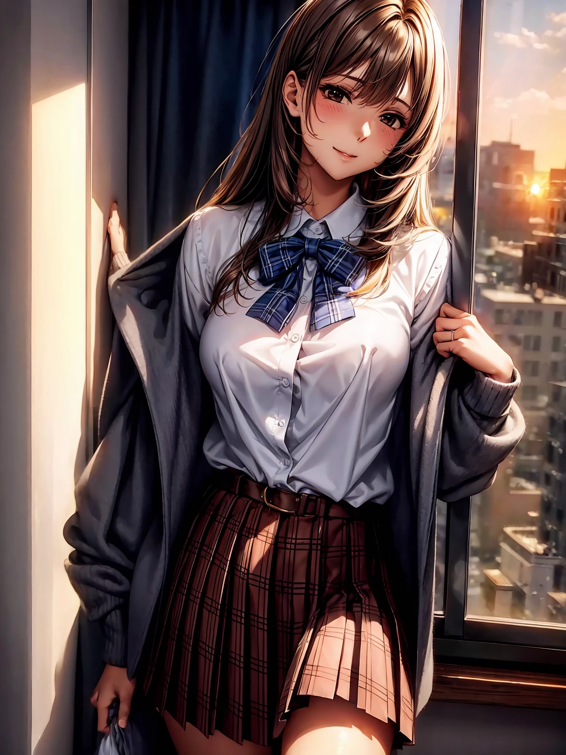 (((highest quality、masterpiece、Very high resolution、Highly detailed images)))、(One beautiful beautiful girl:Talented and colorful:18-year-old,Beautiful body:Slender and beautiful F cup breasts、Beautiful Face:smile、Beautiful Hair:Mr.々Hair style,Best skin and hair texture)、(((High School Uniform:White shirt:Blue Ribbon:Black cardigan:Grey blazer:Brown plaid pleated skirt))),School:corridor:Beautiful sunset from the window,Natural light,(Beautiful pose:Model shoot),Student Council President,Sublime Dreams,Beauty Painting,Overall image、Beautiful images,Accurate Images、Accurate anatomy、Flawless images,Perfect Image,Overall image,(Best Shot,RAW Photos:1.2)