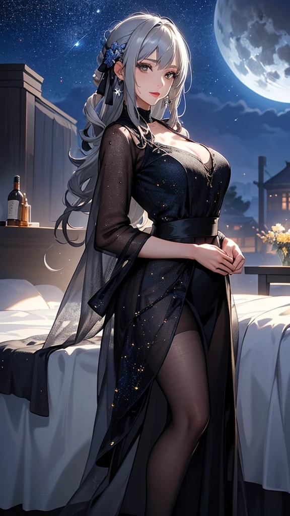 masterpiece, high quality, 4K, Beautiful design, silhouette，Gray Hair， 非常に詳細な夜のStarry Sky,Flower Field， wonderful, Finer details,  Very knowledgeable woman, Highly detailed solo, 1 female,Big Breasts， dress，Night view，Starry Sky，full moon，