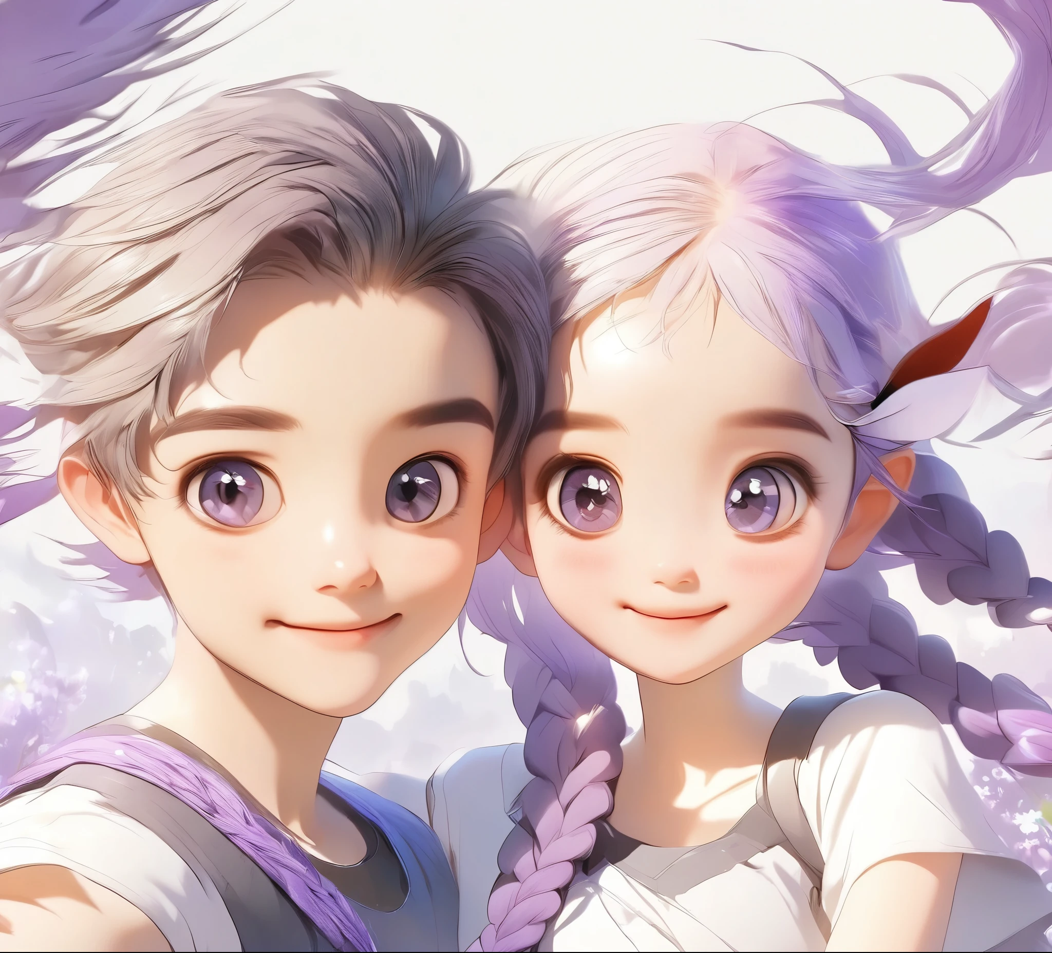 1 boy,A girl with purple and white gradient double braids and a long ponytail,,young,Full of energy,nature,Sunny meadow background,Smiley Face,eye contact,tender emotions,Sweet atmosphere,illustration,Soft colors,best quality,4k,8K,high resolution,masterpiece:1.2,Very detailed,actual,photoactual:1.37,Studio Lighting,professional,Soft Focus,Vibrant colors,Luminous lighting