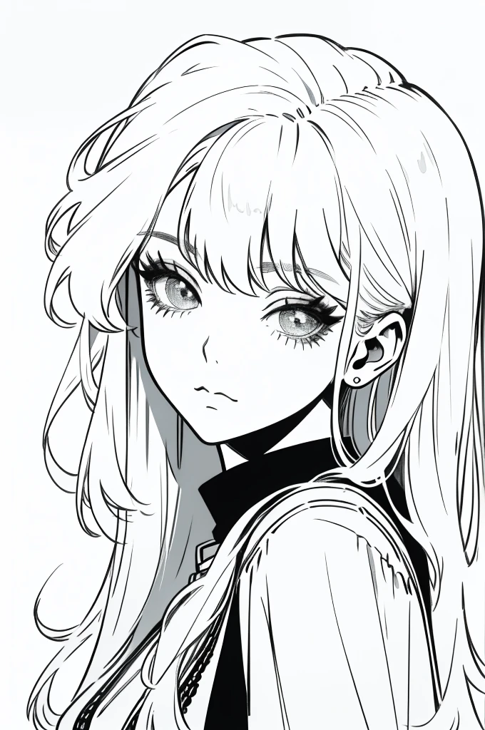 Drawing portait of a girl. Best lineart, clean flat lineart, Black and white monochrome, thin pen lines. No colors or shading.