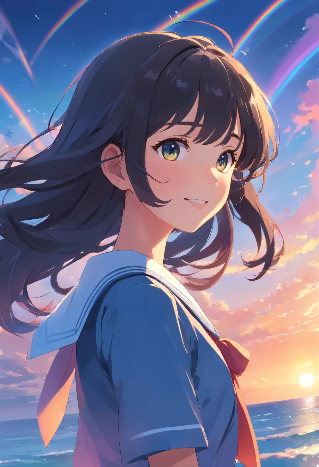 masterpiece, highest quality, Movie stills, One Girl, Japanese Uniform,Sailor suit,Rainbow in the sky, bright, Happy, Black Hair,Long Hair,Curly Hair,turn around,smile