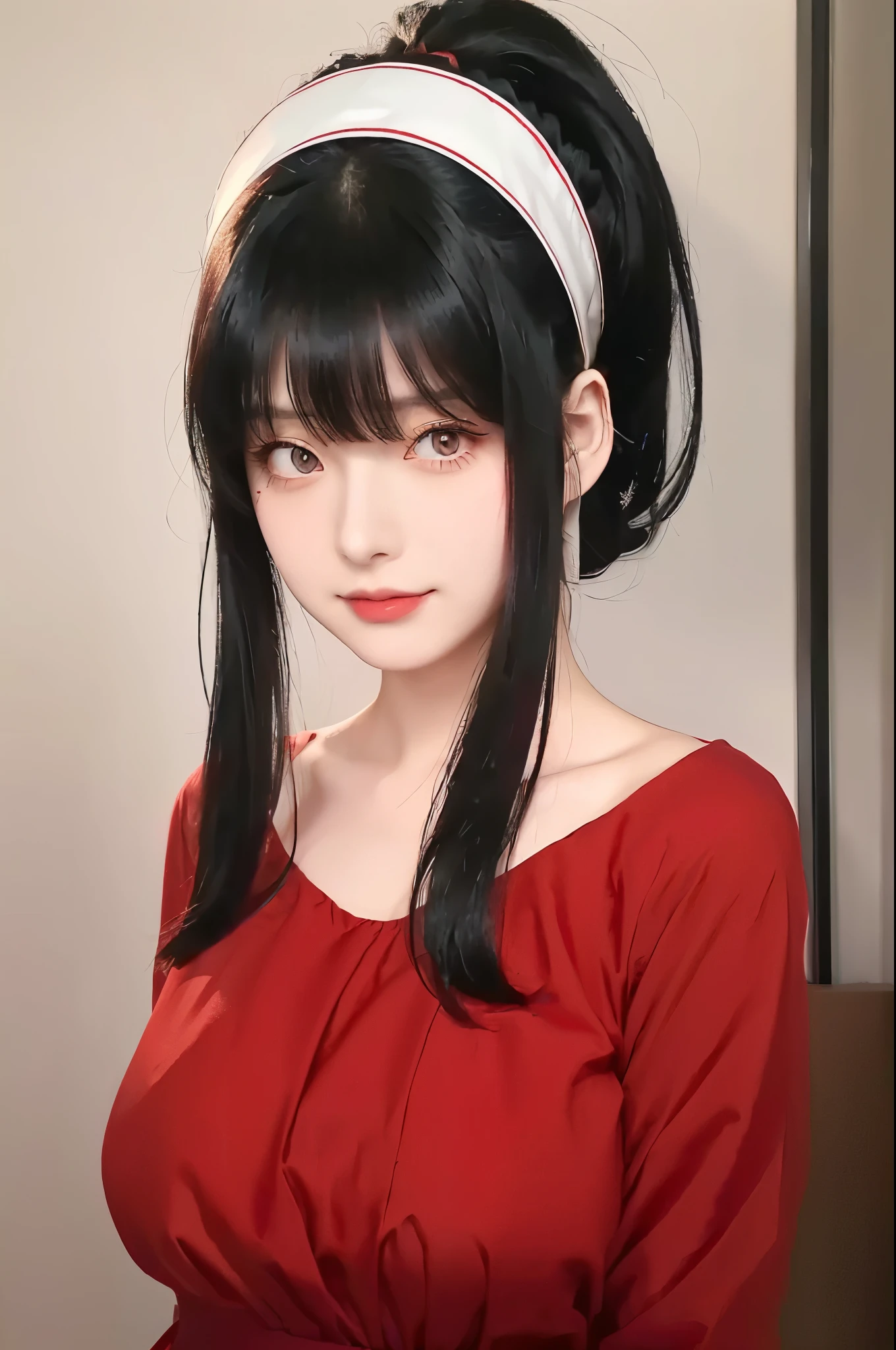 girl with black hair and red eyes in a red dress, rin tohsaka, a cute girl, beautiful girl style, realistic person, small waist, big breasts