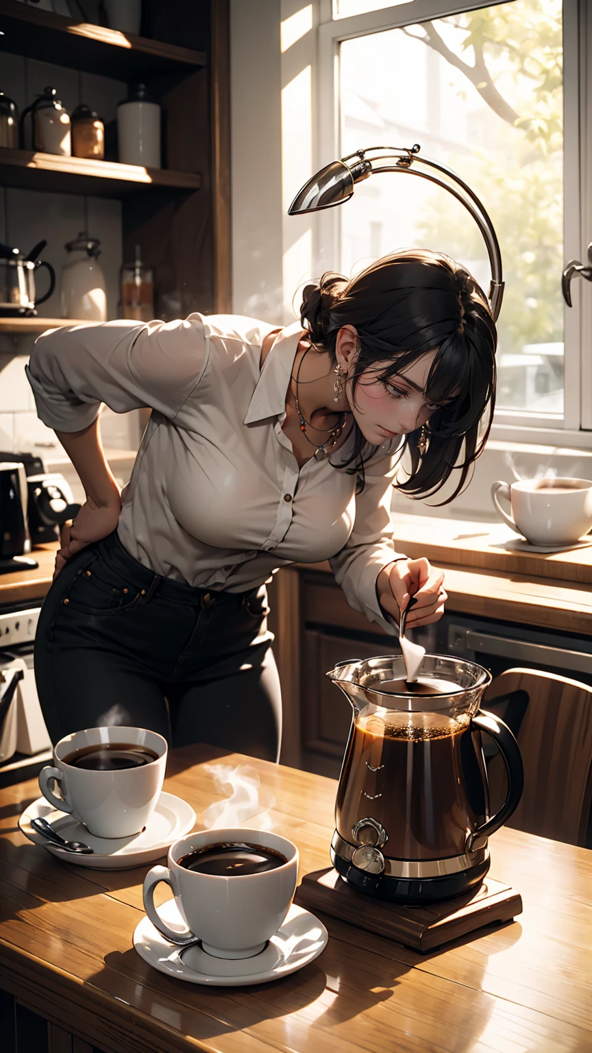 Brewing coffee every morning、It&#39;s a relaxing start to my day.、White woman、Silver Hair、smile