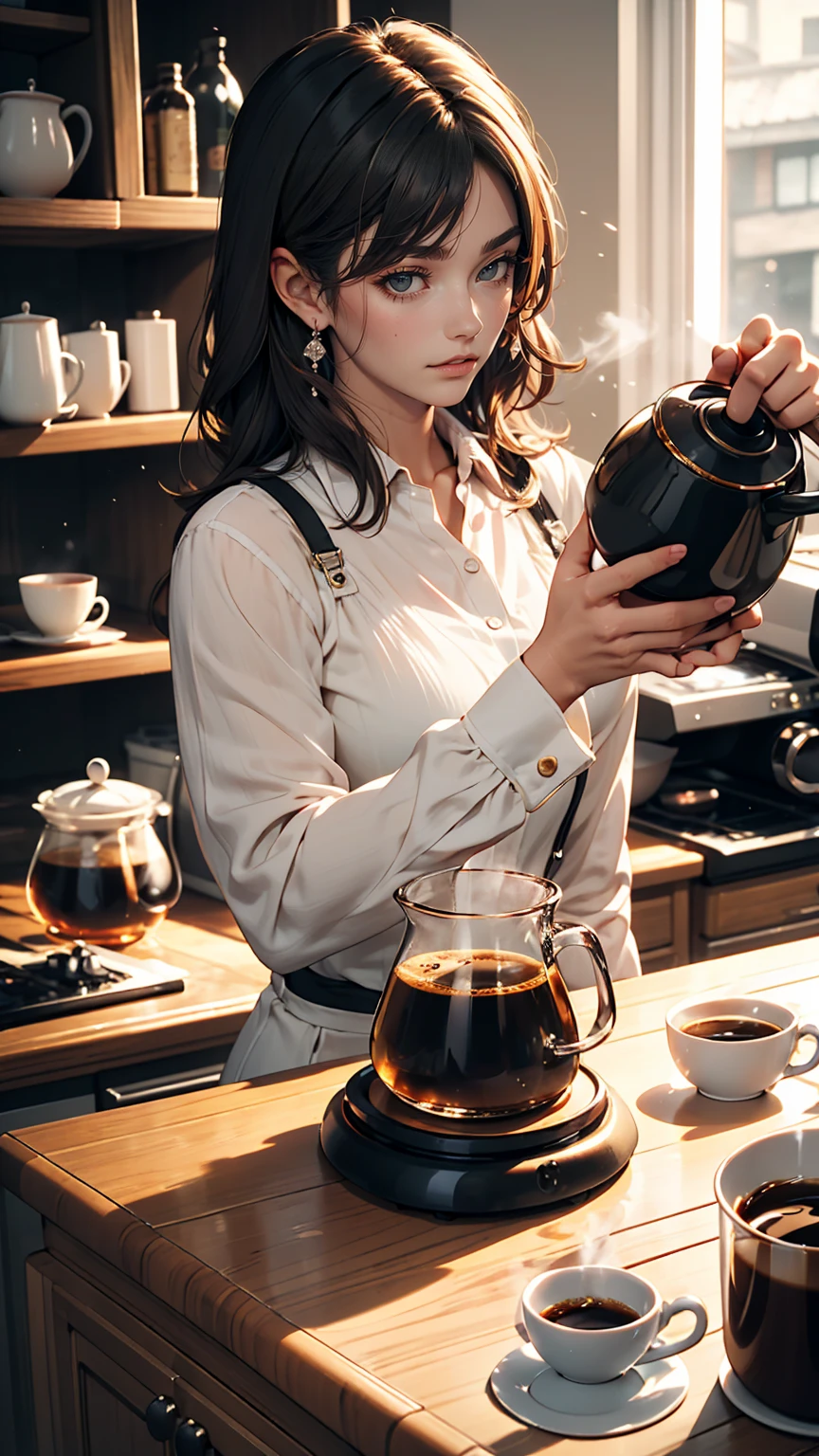 Brewing coffee every morning、It's a relaxing start to my day.、White woman、Silver Hair、smile