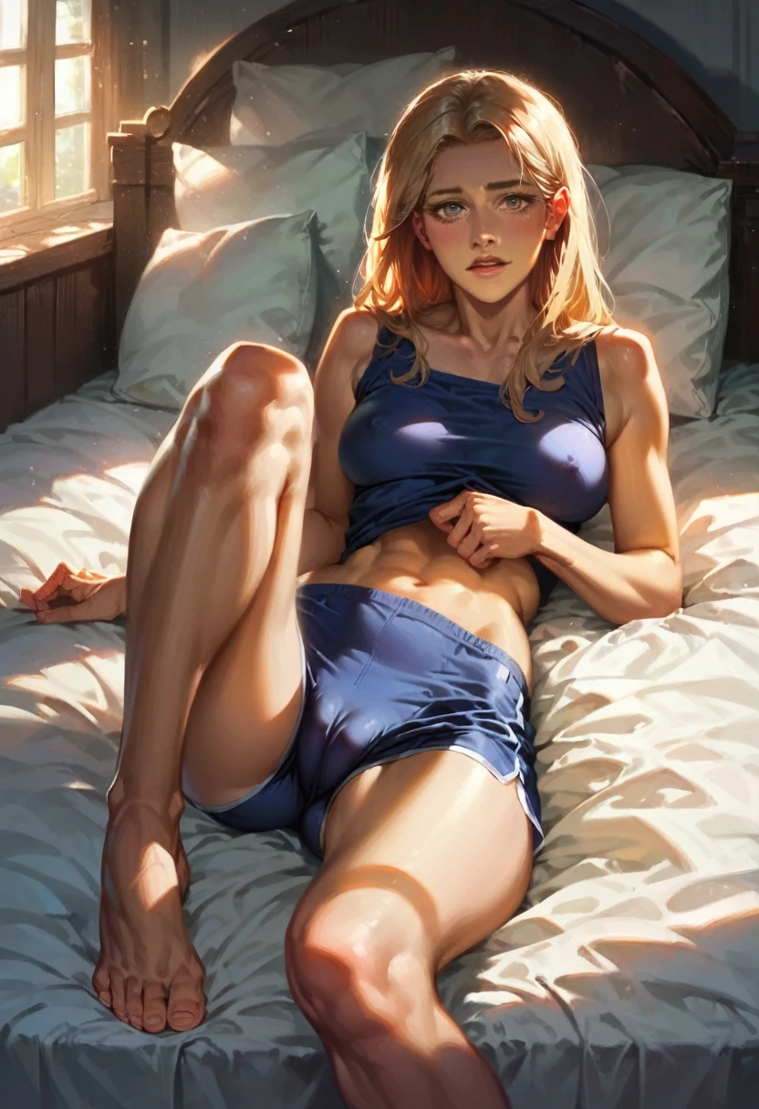 score_9, score_8_up, score_7_up, score_6_up, score_5_up, (high quality, detailed, beautiful), detailed soft lighting, rating_explicit, 1girl, Teen Titan's Cassie, on her bed, beautiful eyes, open eyes, wearing cute tight pajama shorts and top, cameltoe.