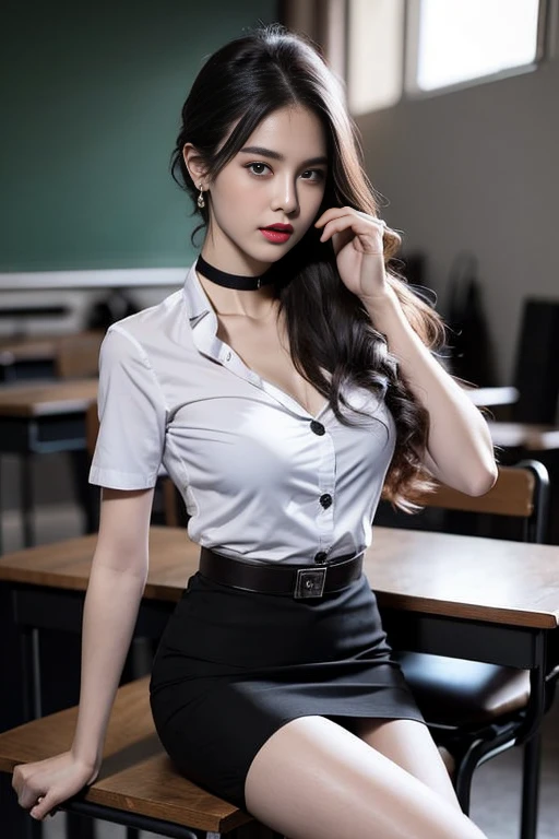 (Masterpiece, best quality, alone, รายละเอียดที่complicated, Chromatic aberration), realistic, ((Moderate breath)), hair in one eye,purple eyes, earring, sharp eyes, choker, (symmetrical eyes),(Perfect symmetrical body),Photo of a beautiful 24 year old girl,(fit the body), Beautiful and charming with contemporary fashion paintings as well....., looking at the audience, ((in the classroom background)), (1 Teen Girl),(black short skirt), (white short sleeve, Form fitting shirt., Unbuttoning the buttons, เผยหน้าอกsmallน้อย..), (He wore a short blue lab coat..),((A short black pencil skirt with a deep slit on the side...)), sugar belt, ((Put your hands down.)),Blue blonde hair, Bob, long hair, Side flatness,round chin, Art lens 85mm, Sharp focus, High resolution 8K, Crazy details, complicated, elegant,sitting on the study table Lift one leg to eye level.., ขาออกจากกันsmallน้อย.,dynamic gesture,small