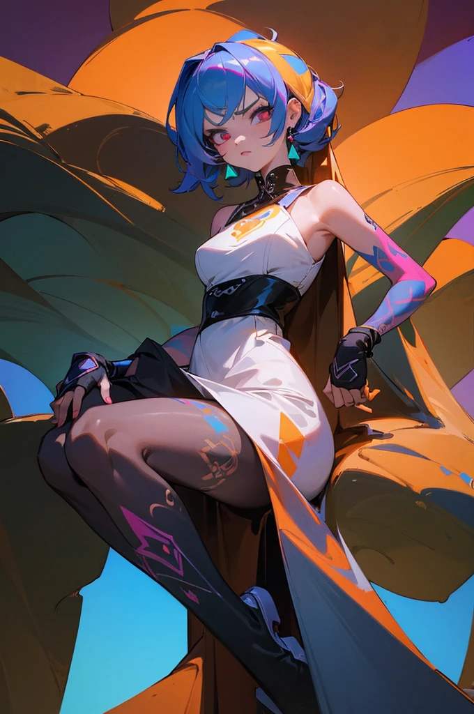 ((masterpiece)),1 girl, ultra detailed, ultra definition painting, dress, vivid color, glaring to viewer, aura, precise background, (geometry tattoo), (cinematic), elaborate, (gritty), sitting, open leg,