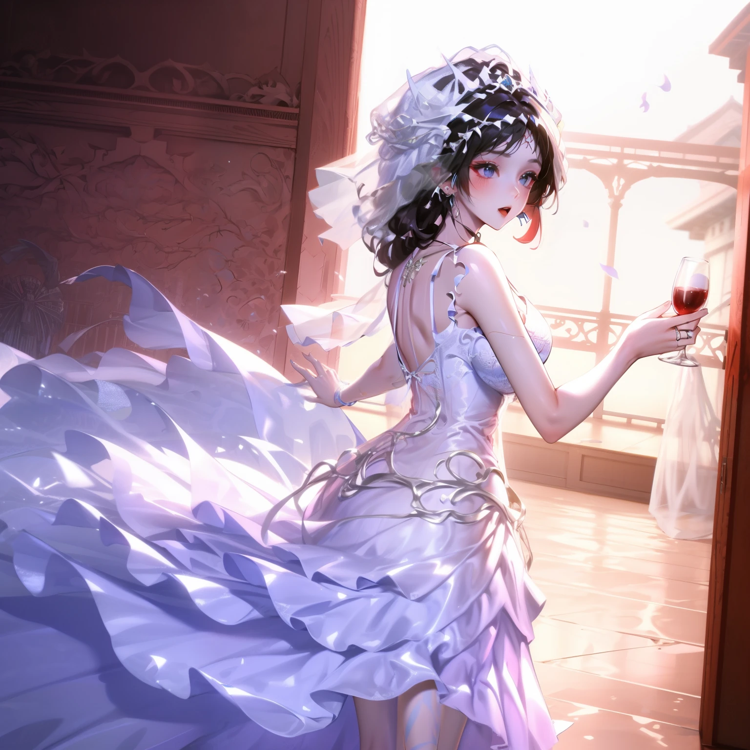 1 girl, masterpiece, high resolution, Sonic edges_Rias_Grey Mory,Long red hair, ((Wedding dress, Room, bridal lingerie, Wedding theme))
