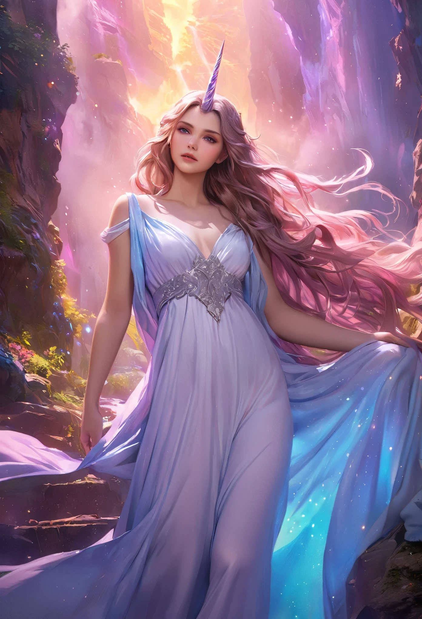 (best quality,4k,8k,highres,masterpiece:1.2), ultra-detailed, (realistic,photorealistic,photo-realistic:1.37),((Highly detailed CG Unity 8k wallpaper)), A breathtakingly beautiful female humanoid unicorn, elegant and ethereal, long flowing hair with a shimmering unicorn horn, porcelain skin, striking eyes, delicate features, wearing a flowing iridescent gown, standing in a magical fantasy landscape with glowing mist, dramatic lighting, vivid colors, fantasy art, digital painting