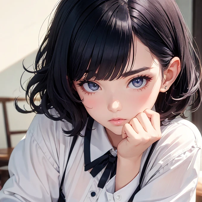 Irish pub waitress,Waitress Costume,,beautiful detailed face,BREAK (navy hair),(wavy-short hair),parallel eyebrows,eyes with large irises,blunt bangs,fresh lips,small breasts,small hip,(5feet tall)), BREAK pop Watercolor, (masterpiece, best quality:1.1),detailed hand,