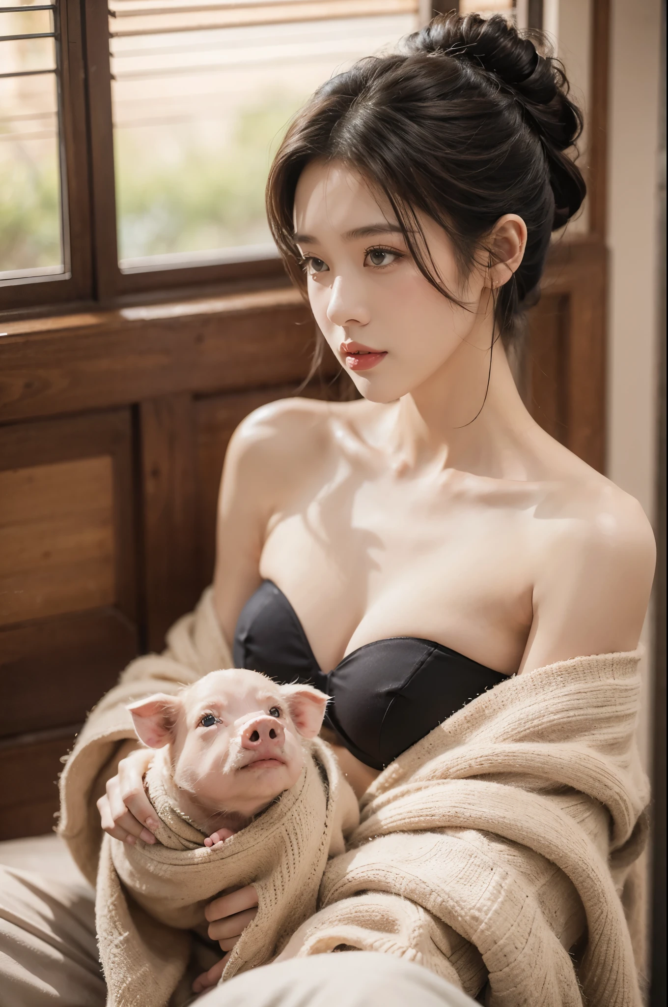 group photo of a girl and a huge pig,standing in the middle of a pig farm,short ponytail,bare shoulders,flat chests, strapless bra,realistic scenery,photography carnival,wildlife photography,aurora punk,animal and human styles,close-up of face,indoor,