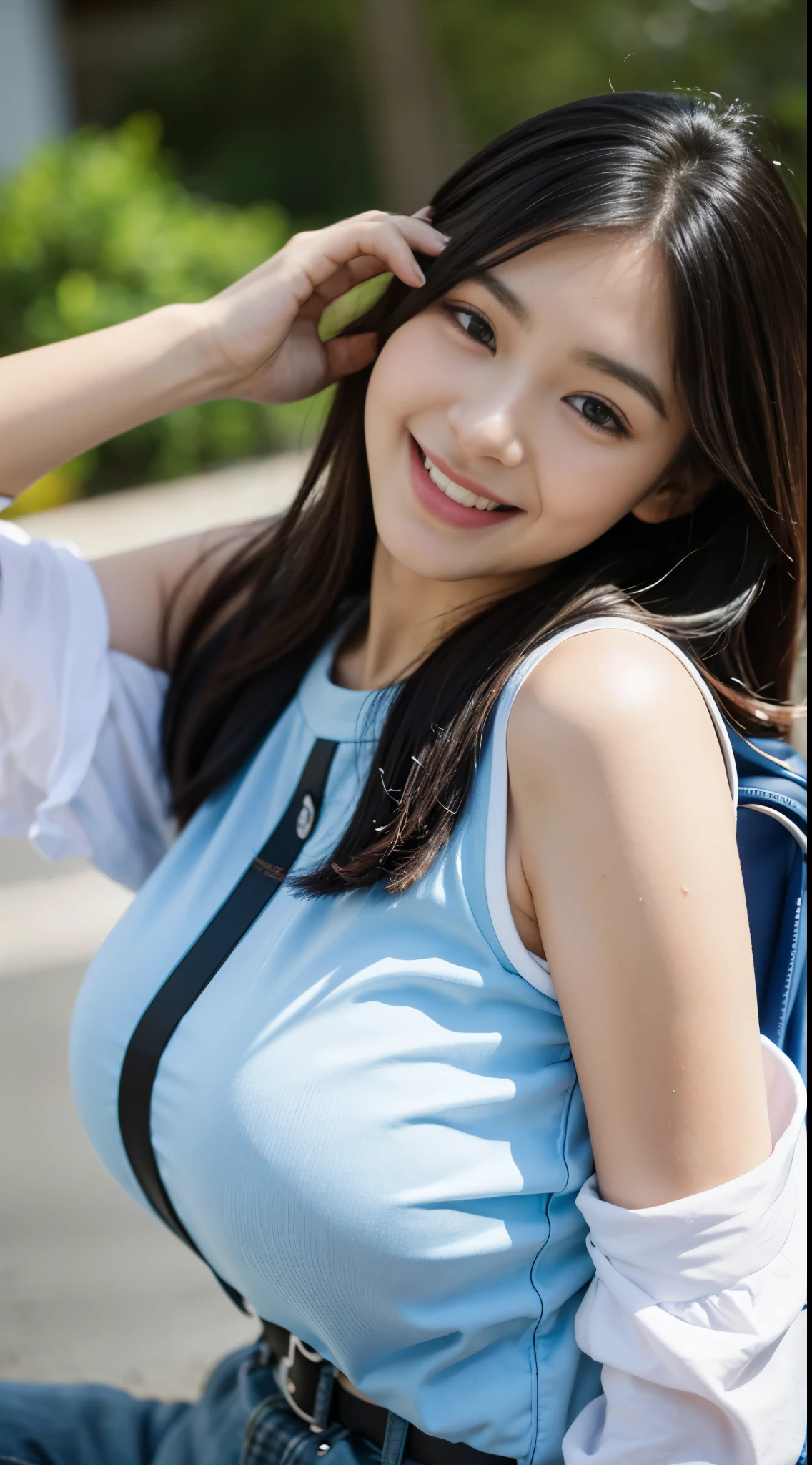 ((Mountaineering))、Backpack、blue sky、Laughter、(masterpiece、highest quality) 、cute、(Huge boobs:1.2)、((20-year-old woman:1.2))、Young and adorable Japanese face, ,Soft portrait photography,In 8K,、A young and cute gravure idol