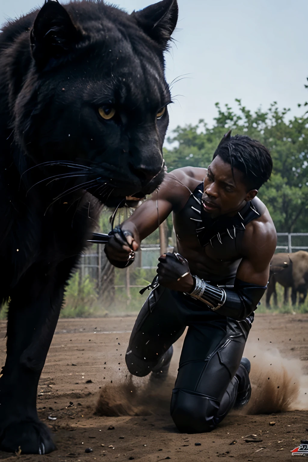 A black panther winning a fight against a buffalo
