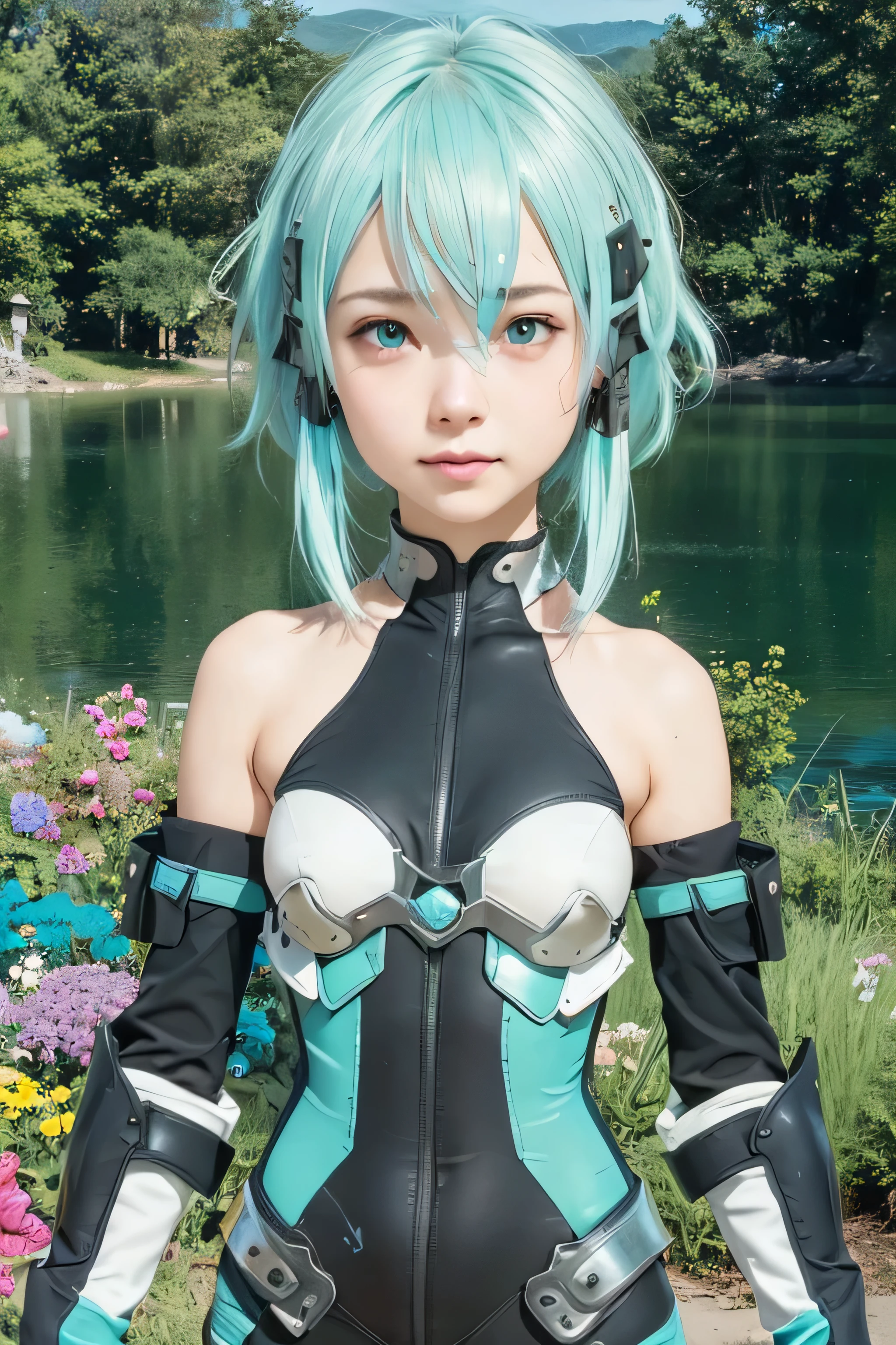 masterpiece, best quality, (realistic,photo-realistic:1.4), (RAW photo:1.2), extremely detailed CG unity 8k wallpaper, delicate and beautiful, amazing,finely detail, official art, absurdres, incredibly absurdres, huge filesize, ultra-detailed,extremely detailed eyes and face,light on face,sinon,(little smile),(cyan hair:1.4),(short hair:1.6),(wearing armored bodysuit:1.4),lake background,(wearing hairclip:1.4)