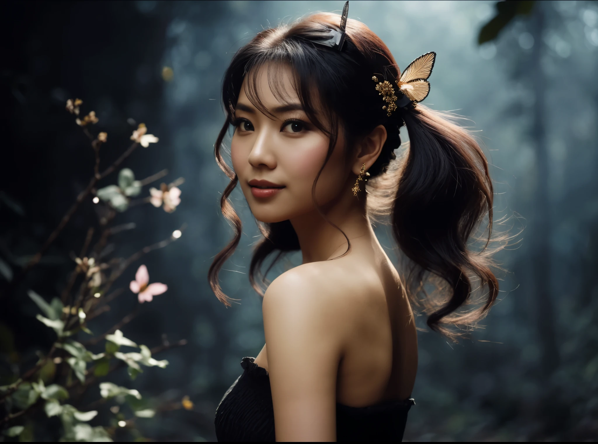 fotografi profesional, masterpiece, cinematic photo, featuring woman asian, anggun, menawan, rambut kuncir dua trendy dengan bando kupu, slight smile, make up natural, memakai busana kain woll katun terlihat bahu sebelah, short skirt black, resembling photo sony 7000D dengan efek cahaya dramatis dan latar belakang hutan malam hari