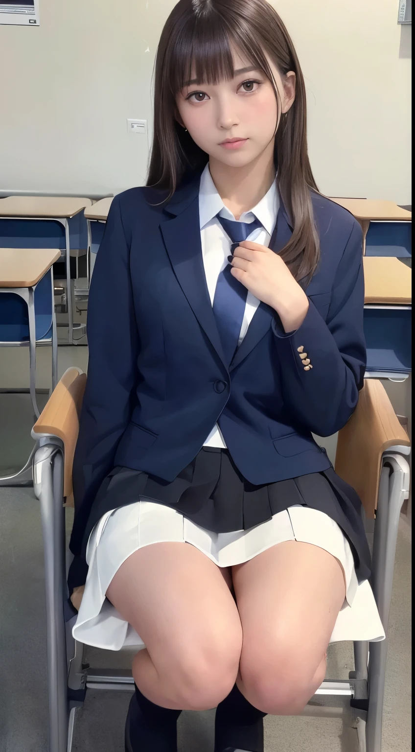 NSFW,(in 8K、top-quality、​masterpiece:1.2)、(reallistic、Photorealsitic:1.3)、 Phenomenally cute girl、、(((cammel toe)))、(((Spread your legs apart、full body Esbian:1.3)))、独奏、‎Classroom、watching at viewers、In the school、Chest that looks like it's going to burst、Fine and beautiful eyes、)、(Dark blonde hair:1.2)、(short-hair:1.2)、, a miniskirt, student clothes, sockes, A dark-haired、knee high, white  shirt, lowfers, life-like, Wet lips、 sox, neck tie, pleatedskirt, ​masterpiece, top-quality, ultra-detailliert