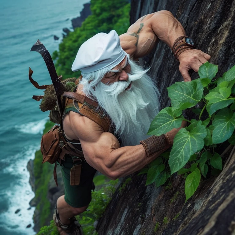 detailed、highest quality、good looking、Top-down angle、A leaf on a cliff、Muscle々in、Hated、An old man with a white beard、Climbing dangerous cliffs、崖の上に生えているツル植物のRound leavesを採取しているリアルな画像。There is an old wound on the shoulder。(Round leaves:1.5)(Grab the leaves:1.7)(険しい崖をロープin登る:1.5)(Carrying a machete:1.5)