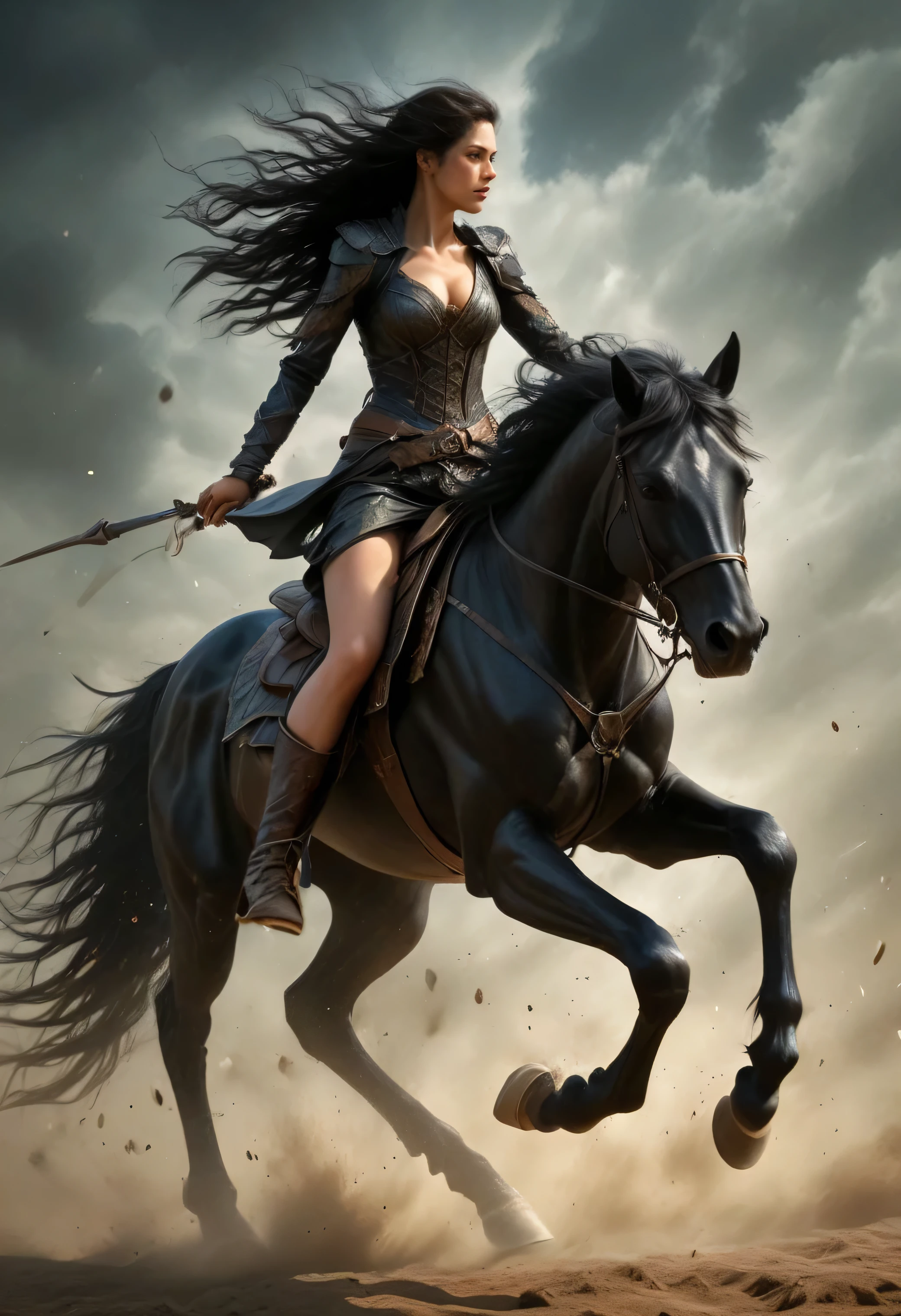 A woman riding a horse in a desert with a sword - SeaArt AI