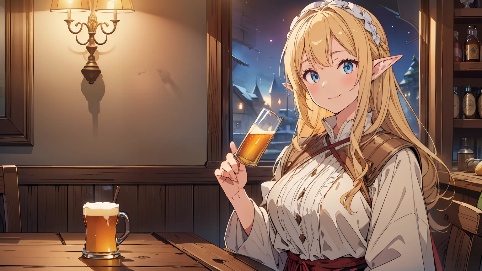((Top quality, 4k, 8k, high resolution, masterpiece: 1.2))), (super detailed), (realistic), (photorealistic), (photorealistic: 1.37), (HDR, UHD), (studio (lighting), ultra-fine drawing, sharp focus, physically based rendering, highly detailed, professional, vibrant colors, fantasy, medieval europe, tavern, old tavern in the countryside, (((indoor))), seating, (((night))), (((dim))), medieval clothing, citizen's rags, long skirt, smile, girl clerk made of wood carrying beer mugs in both hands, long hair, blonde, elf, pointed ears,