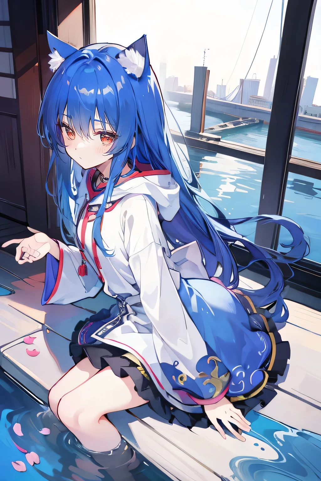 （masterpiece：1.2），Super detailed，lifelike，Expressive eyes，fair skin，perfect face shape，1 girl，
Japanese comics,Gorgeous blue hair,flowing blue hair,flowing clothes,Cat ears,Petals fall,beautiful lola,Baby Angel,
Shaking head with one hand，Cross your legs，Gentle and peaceful background，The pavilion is cool and comfortable,smile, wearing hoodie, background of tokyo,back views,snowing, winter,lie on the water. 