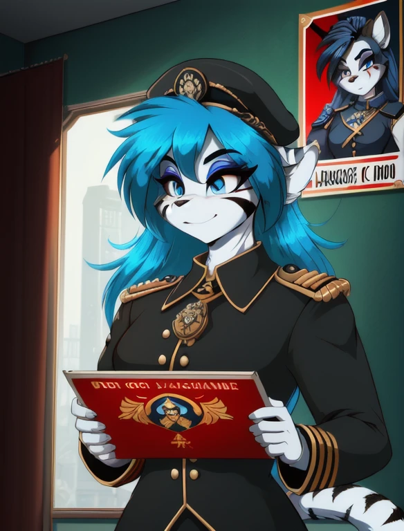 Warhammer_40 thousand_Commissar,((masterpiece)), (Best quality), (detailed), Black uniform, mascara, Eyeliner, eyeshadow, Upper body, pomade, женщина anthro furry tiger, Propaganda poster, wicked, bristle,
 (8k contract, masterpiece, Best quality, High quality, absurdity, ultra-detailed)