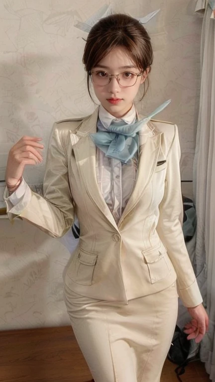 A woman wearing a suit and glasses is posing for a photo, a hyperRealistic , hyperRealistic , Wear a strict business suit, photoRealistic perfect body, Realistic , on the desk, standing on the desk, ultra Realistic picture, Dressed in a strict suit, Realistic shaded perfect body, In a strict suit, photoRealistic girl render