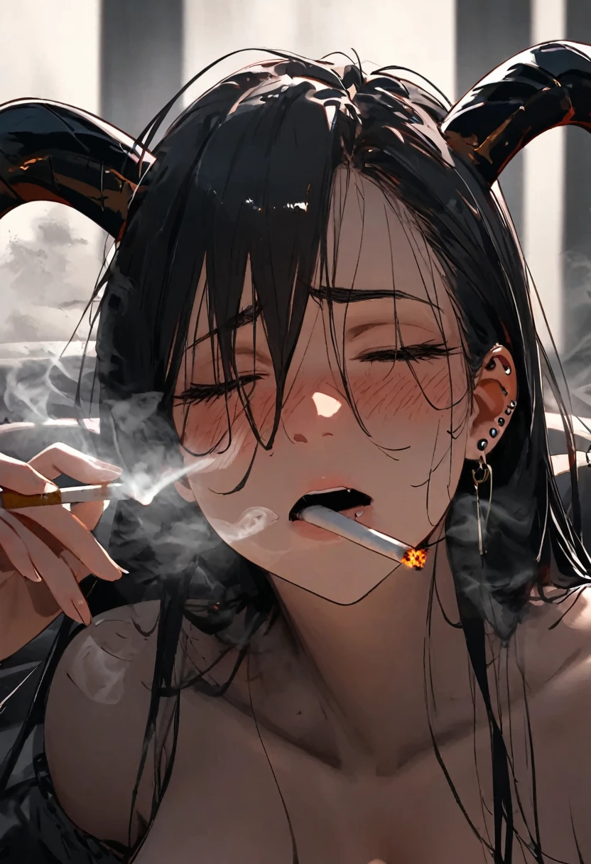 a succubus rapidly smoking cigarettes, piercings, pain, agony, devil horns, rapidly smoking cigarettes, sucking very hard on cigarette, deeply inhaling, the cigarette ash is growing very long, the cigarette ash is very long, SMOKE IN MOUTH, lots of cigarette ash, 