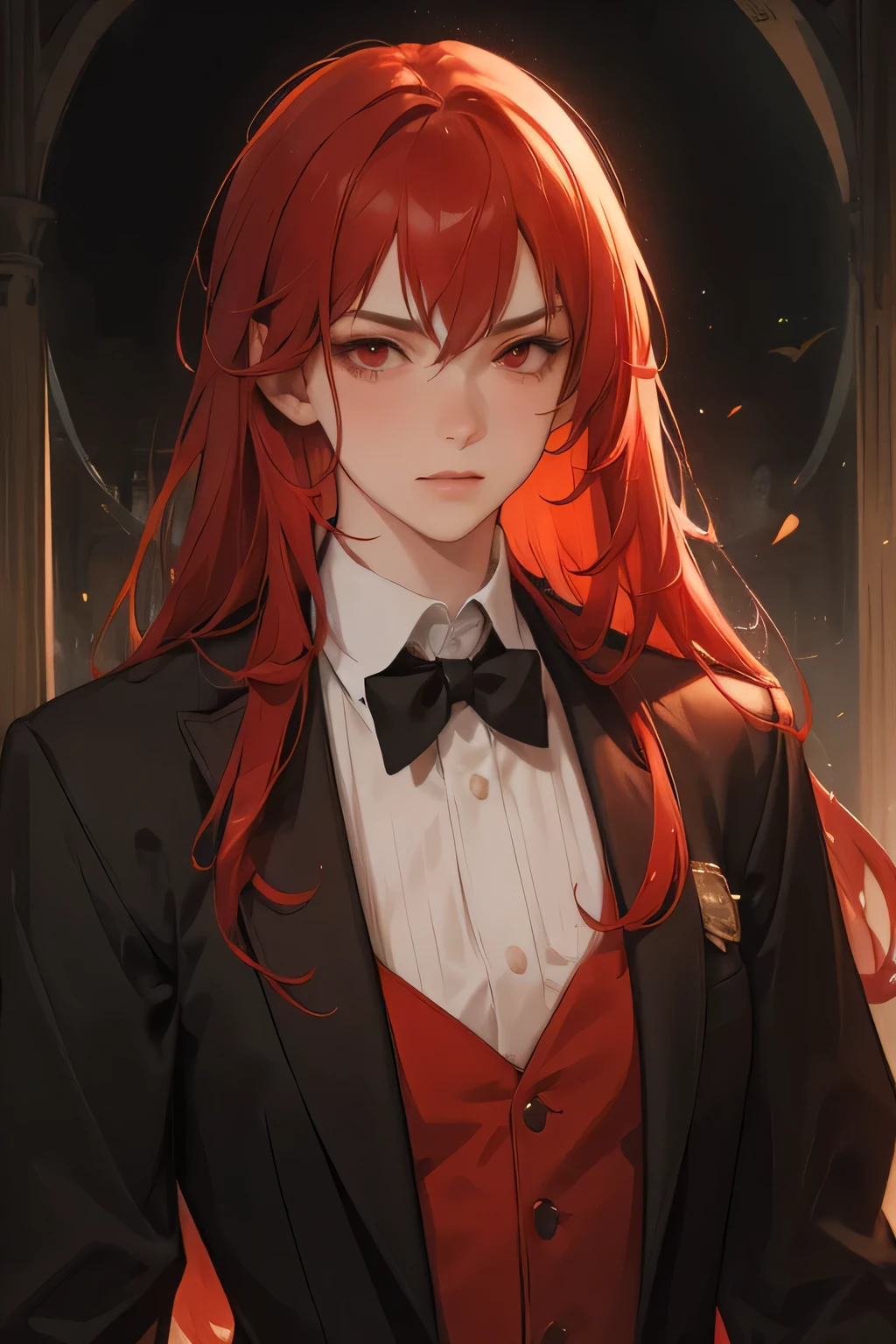male, adult, long red hair, red eyes, adult face, adult, victorian suit,, chest armor, fantasy, vampire, smirk, red wizard