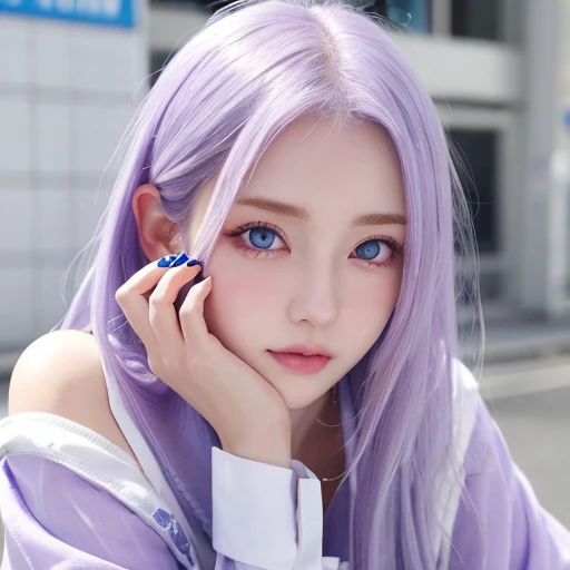 Light purple hair、Blue eyes、A well-proportioned face like a K-POP idol、White skin、K-POPアイドルがよくするふんわりとしたロング、Tear mole on right eye、A little sex appeal、Sexy clothes、Embarrassed