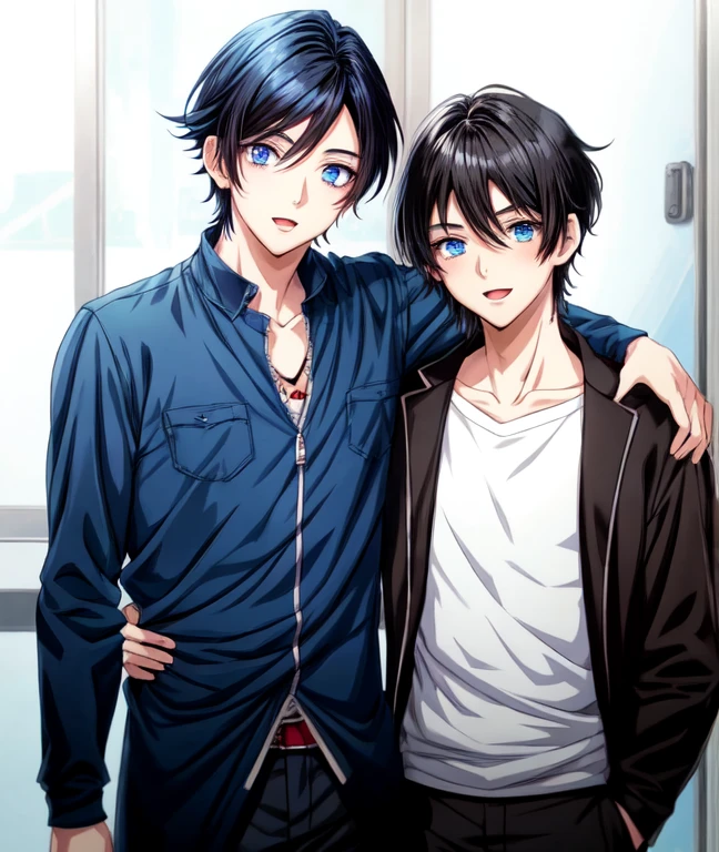 anime boy with blue eyes and Black hair standing with friends, anime boy, anime moe art style, young anime man,