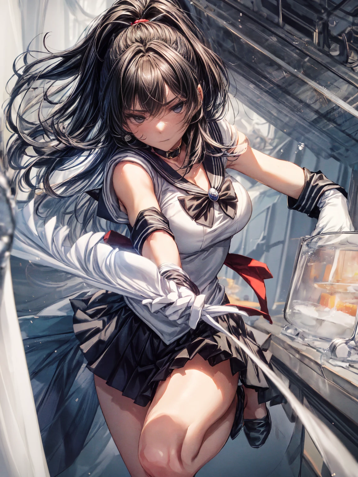 Perfect Anatomy,(8k, highest quality, masterpiece:1.2),\(Beautiful Eyes\),\(Facial Features\),(\(Costume details Details\)\),(Big Lesbians , Super Skirt,Sailor Moon Costume,(Face Focus) ,Very detailedな CG Unity 8k 壁紙,Large file size,Very detailed,High resolution,Absurd,Beautiful Eyes,Ray Tracing,Dramatic Shadows,Down to the last detail,elevation,Hyper Detail,(alone),Anime Style、Very long straight hair、Black Hair、Black sailor collar、Black Absolute Short Mini Scarbow Gloves、(In the research facility:1.4)
