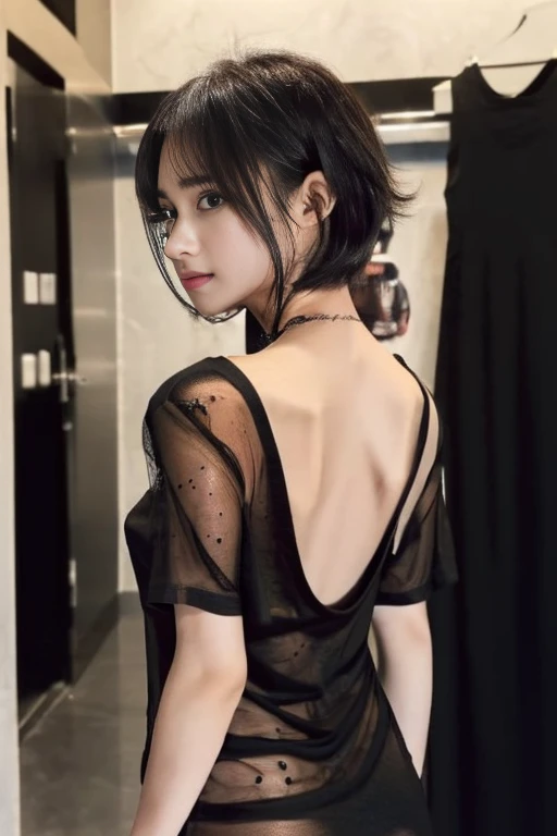young woman、cute、Good looking、(Bob Hair、Brown Hair、Outward-swept hairstyle),(Wearing a black see-through T-shirt:1.6),(Black Bra),(Wearing a backless dress、Black dress、Long dress:1.3)、Black sandalid-chest、slender