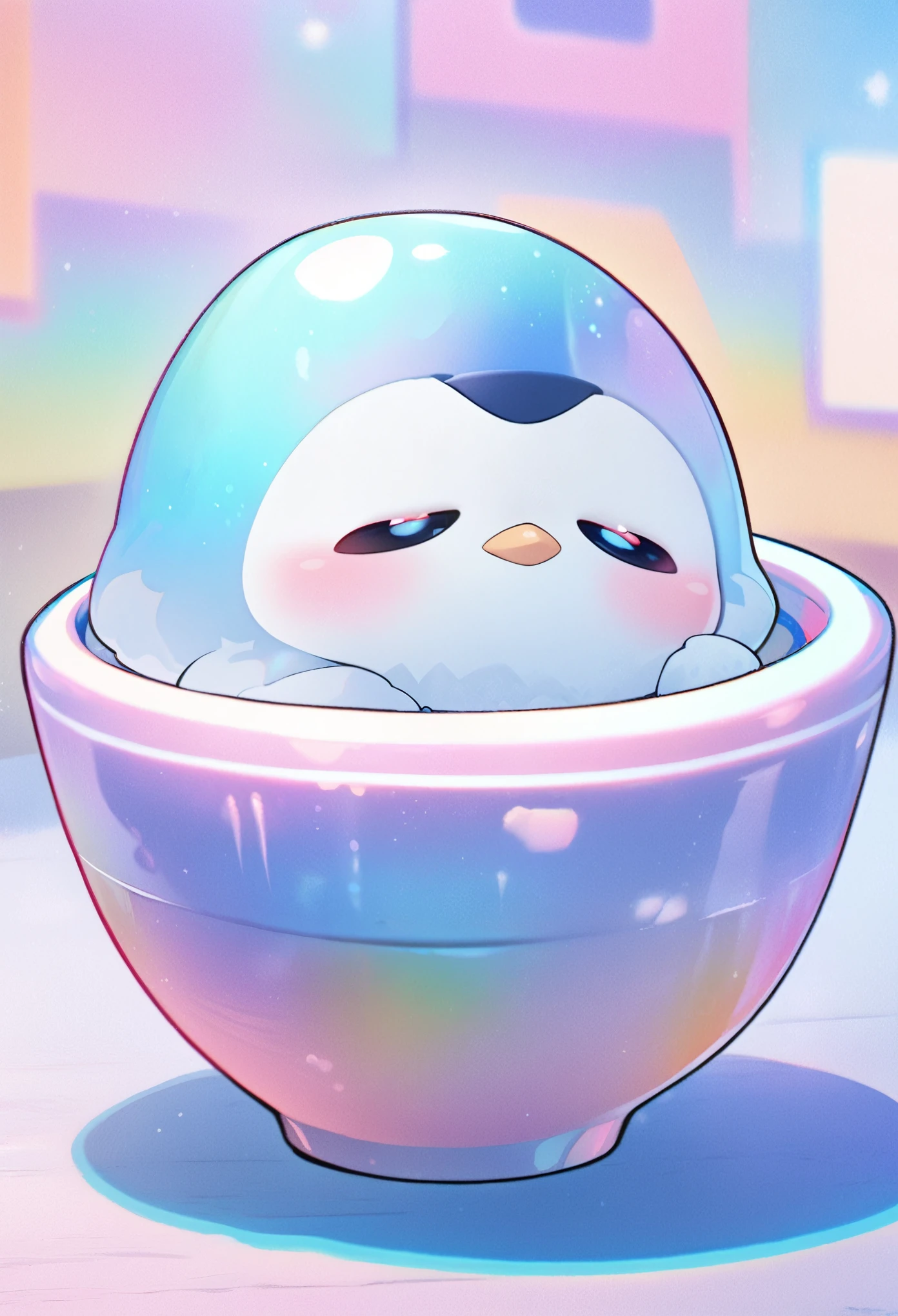 chibi, super deformed, furry, funny, fluffy, best quality, masterpiece, a cute baby penguin peeking out of a beautiful painted ceramic bowl, iridescent shining, pastel color image effects