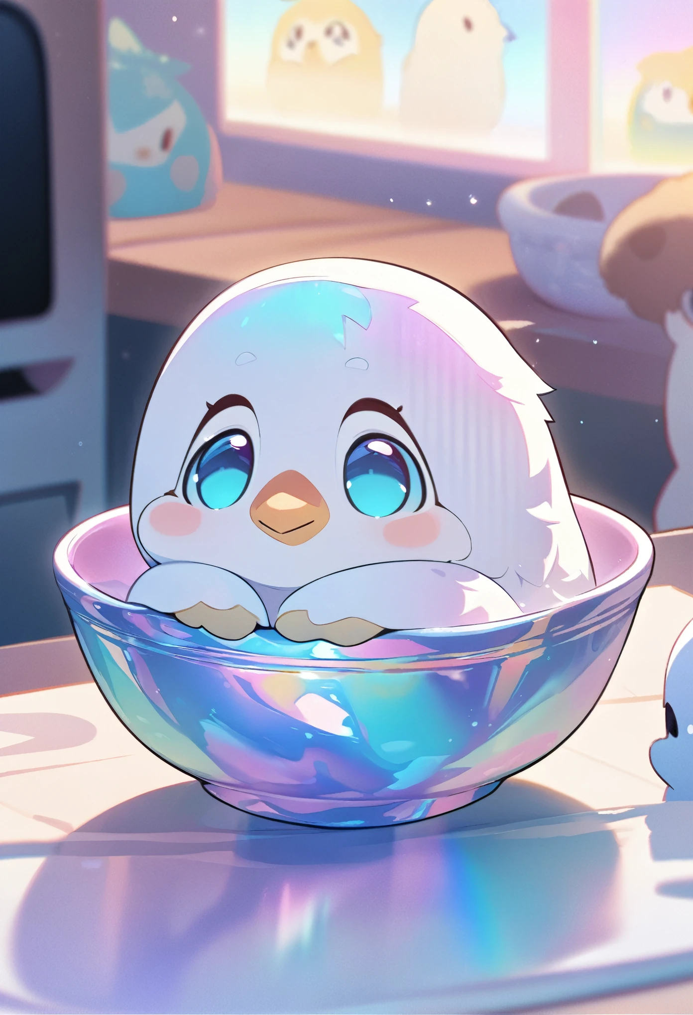 chibi, super deformed, furry, funny, fluffy, best quality, masterpiece, a cute baby penguin peeking out of a beautiful painted ceramic bowl, iridescent shining, pastel color image effects