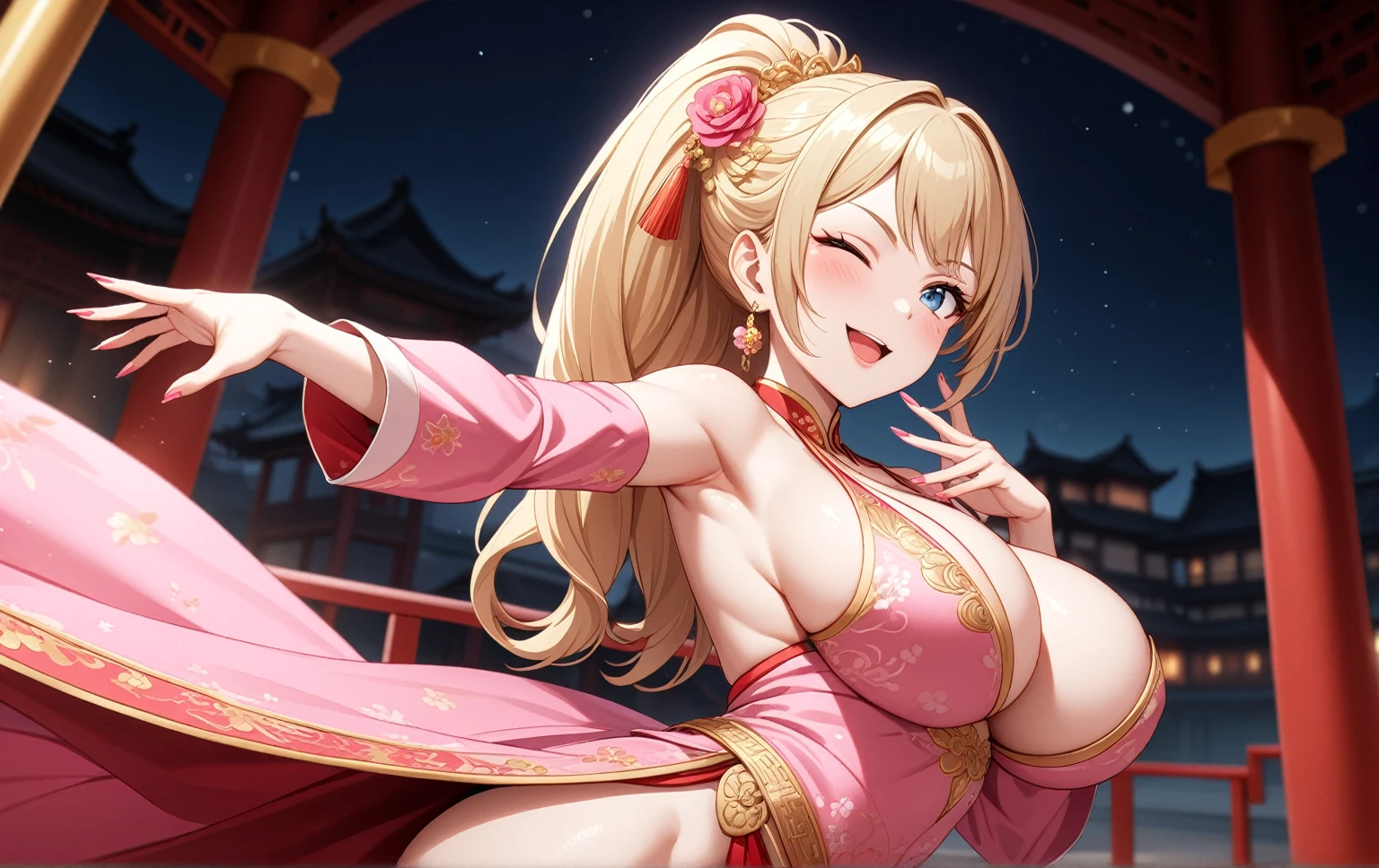 ((One girl)), Beautiful Face,Seduce,((Wink:2.0)),Blushing,Glossy Lips,Abstract, night,Chinese court, ((Anime style background)),masterpiece, highest quality, so beautiful, Absurd, up to date, Complex details, Pink long nails,AI-generated, Complex,High resolution, highest quality, super high quality,3D Images、View the viewers、3D Images,one person,Long Blonde Hair,High Ponytail,blue eyes,Anime woman posing for a photo, [[Fine grain、Colorful eyes、Shining Eyes:1.15]],(Squint your eyes:1.1),a hyper realistic ,(Pink long nails),Blonde anime woman with long hair, Smooth anime CG art, Beautiful Chinese court lady, Hanfu in the Chinese Imperial Court,Gorgeous costume with gold embroidery,Flower Hair Ornaments,Earrings,(Large Breasts:1.4),Mature Body,tall,Big Ass,Fine details,Abdominal muscles,Tilt your face,(Perform a dance)