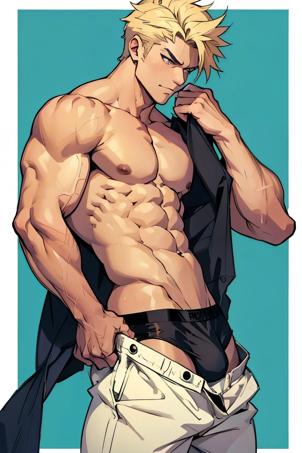 Hot muscle dude pulling off pants undressing anime dude