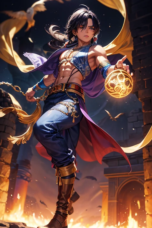Aladdin, 20 years, cabello corto negro dorado oscuro, cabello corto desordenado, ojos marrones oscuro, ropa de djinn, chaleco abierto sin mangas plata claro, light silver vest with blue Arabic print, light red arabic pants, Golden Belt, pulsera djinn con gemas plateadas , botas marrones, tatuajes morados fosforescentes, rodeado de fuego y humo morado, muscular build of the delegate, manos atadas con cadenas y pies rodeados de cadenas blancas, purple magic circles in each hand on a background of arabic ruins.