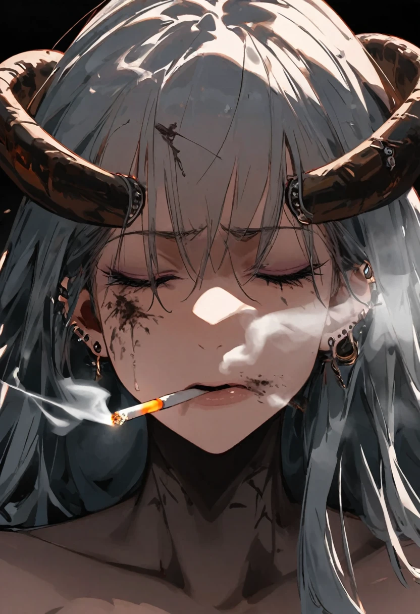 a succubus rapidly smoking cigarettes, piercings, pain, agony, devil horns, rapidly smoking cigarettes, sucking very hard on cigarette, deeply inhaling, the cigarette ash is growing very long, the cigarette ash is very long, SMOKE IN MOUTH, lots of cigarette ash, 