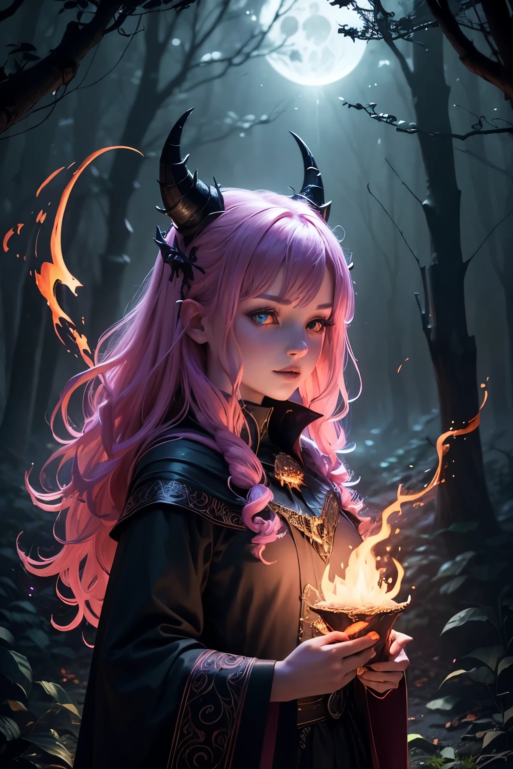 (a pink-haired demon woman,spells:1.1,glowing:1.1)(illustration)(best quality,ultra-detailed,realistic:1.37),demonic witch(demonic:1.1)(magic:1.1)(forest)(dark and mysterious,ominous atmosphere),casting powerful spells,creating magical energy(magic:1.1),vibrant pink hair(swirling pink hair)(flowing pink hair),horns(devil horns:1.1),piercing red eyes,enchanted scepter(magical scepter),elaborate dark robe,glowing magical sigils,fiery embers swirling(magical embers:1.1)(glowing embers),magical aura(glowing aura),eerie shadows,otherworldly presence(presence),sinister smile,nightfall in the background(dark night:1.1)(moonlit forest),lush and dense foliage(twisted trees)(mystical plants:1.1),mystical particles(swirling particles)(floating particles),ethereal glow(ethereal:1.1)(soft glow),faint moonlight breaking through the trees,haunting and captivating(scary atmosphere),bewitching beauty,wide range of colors(vivid colors)(contrasting colors),mystical realm,impressive details,dynamic composition,mesmerizing artwork,photorealistic style(picasso style),impressive shading and lighting,explosive energy,magical atmosphere(fantasy atmosphere),dreamlike scene