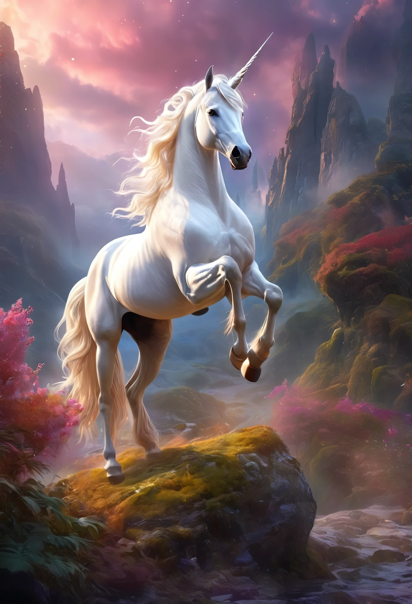 (best quality,4k,8k,highres,masterpiece:1.2), ultra-detailed, (realistic,photorealistic,photo-realistic:1.37),((Highly detailed CG Unity 8k wallpaper)), A breathtakingly beautiful female humanoid unicorn, elegant and ethereal, long flowing hair with a shimmering unicorn horn, porcelain skin, striking eyes, delicate features, wearing a flowing iridescent gown, standing in a magical fantasy landscape with glowing mist, dramatic lighting, vivid colors, fantasy art, digital painting