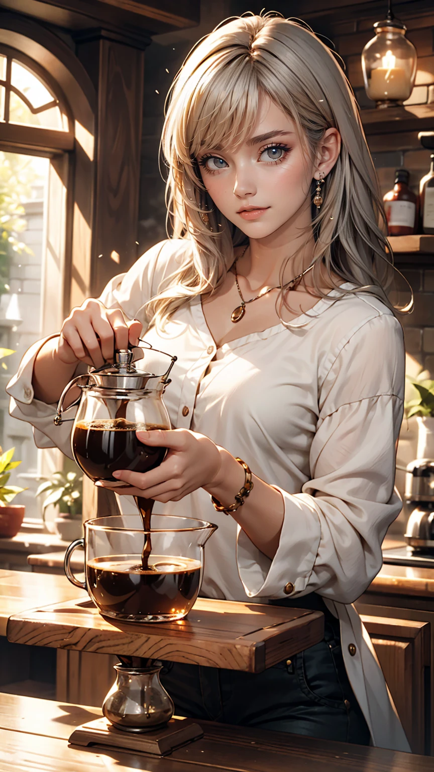 Brewing coffee with a siphon、White woman、Silver Hair、smile