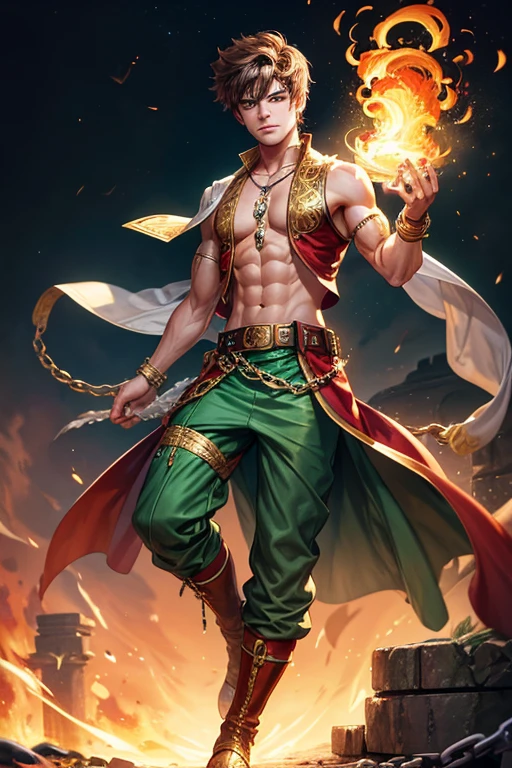 Zac Efron, 20 years old, short dark golden brown hair, short messy hair, dark green eyes, djinn clothing, light golden sleeveless open vest, light golden vest with red Arabic print, light red Arabic pants, golden belt, djinn bracelet with silver gems, brown boots, phosphorescent red tattoos, surrounded by fire and red smoke, muscular delegate build, hands tied with chains and feet surrounded by white chains, green magic circles on each hand on a background of Arabian ruins.
