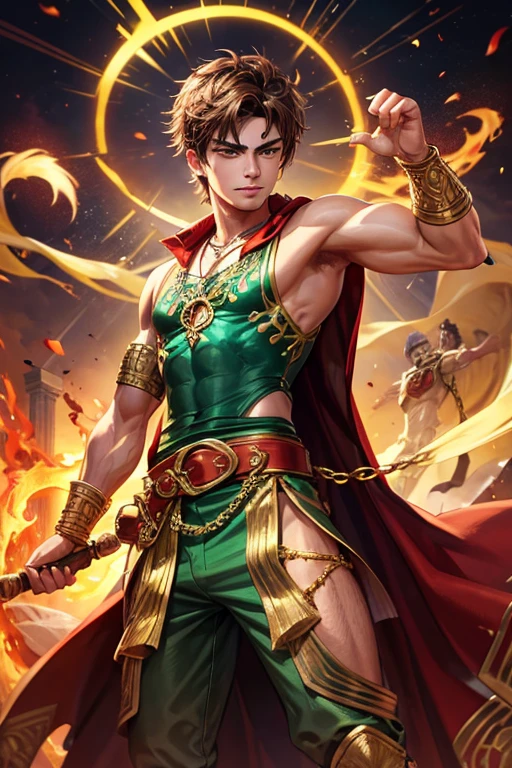 Zac Efron, 20 years old, short dark golden brown hair, short messy hair, dark green eyes, djinn clothing, light golden sleeveless open vest, light golden vest with red Arabic print, light red Arabic pants, golden belt, djinn bracelet with silver gems, brown boots, phosphorescent red tattoos, surrounded by fire and red smoke, muscular delegate build, hands tied with chains and feet surrounded by white chains, green magic circles on each hand on a background of Arabian ruins.