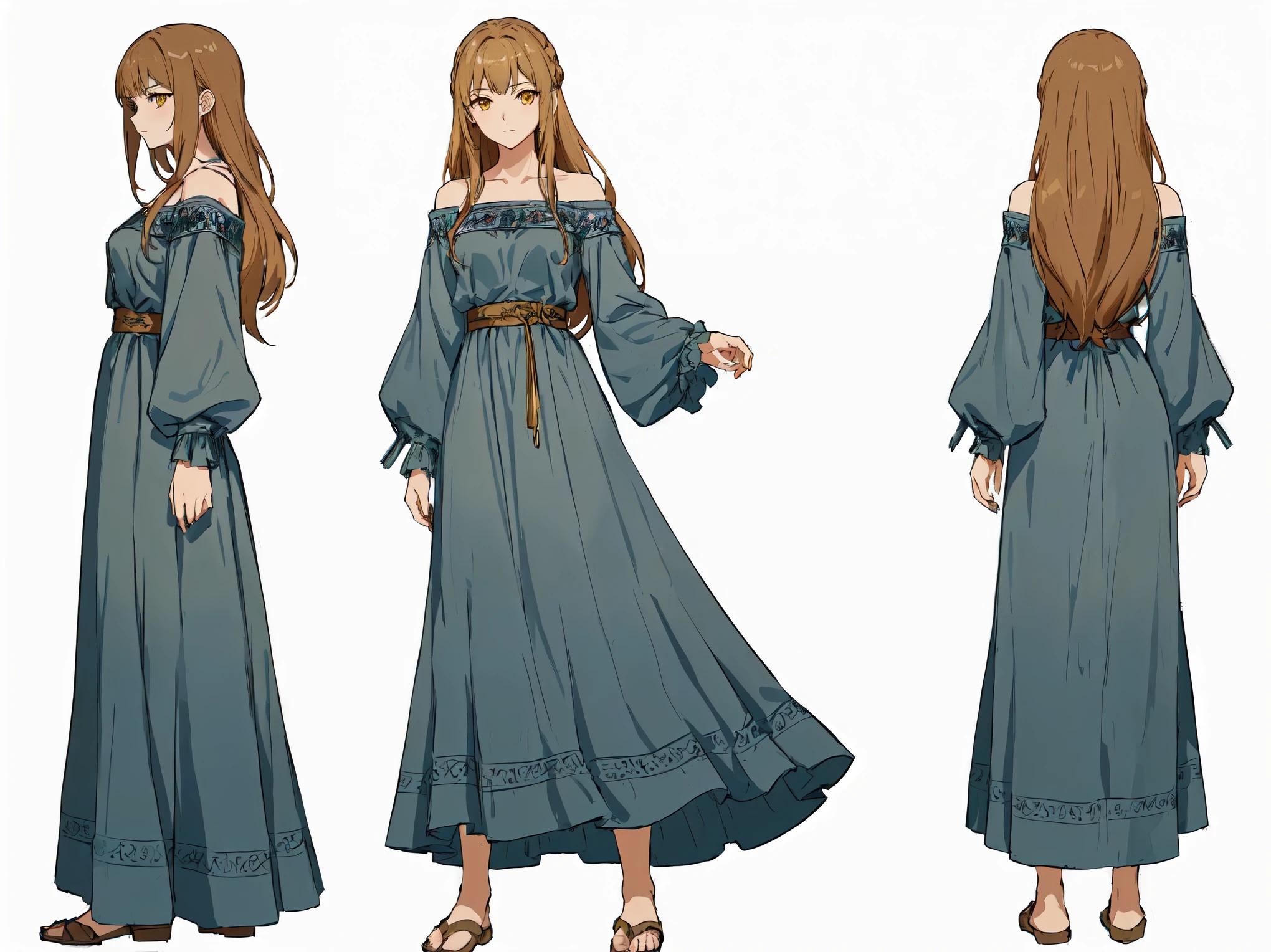 close-up of a woman in a green dress with a sword, Anime Full Body Illustration, detailed Full body concept art, anime character design, wearing long, loose clothes, Full body concept art, Full-length concept art of the character, full body character design, beautiful Full body concept art, flowing clothes, pretty anime character design, fashionable rpg clothing, peasant dress, female anime character, golden eyes, bright yellow eyes, ярко golden eyes