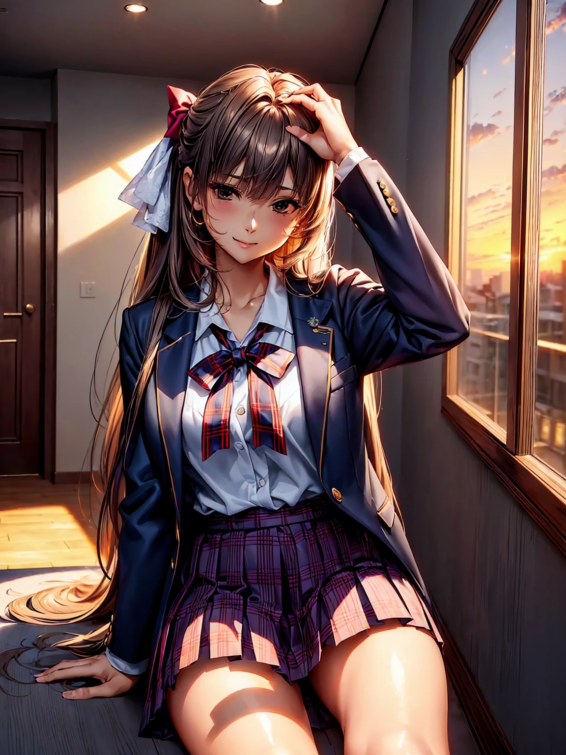 (((highest quality、masterpiece、Very high resolution、Highly detailed images)))、(One beautiful beautiful girl:Talented and colorful:18-year-old,Beautiful body:Slender and beautiful F cup breasts、Beautiful Face:smile、Beautiful Hair:Mr.々Hair style,Best skin and hair texture)、(((High School Uniform:White shirt:ribbon:Navy Blue Blazer:Red plaid pleated skirt))),School:corridor:Beautiful sunset from the window,Natural light,(Beautiful pose:Model shoot),Student Council President,Sublime Dreams,Beauty Painting,Overall image、Beautiful images,Accurate Images、Accurate anatomy、Flawless images,Perfect Image,Overall image,(Best Shot,RAW Photos:1.2) Tabletop, highest quality, Photorealistic, In detail, 8k wallpaper, Perfect dynamic composition, Beautiful fine details,