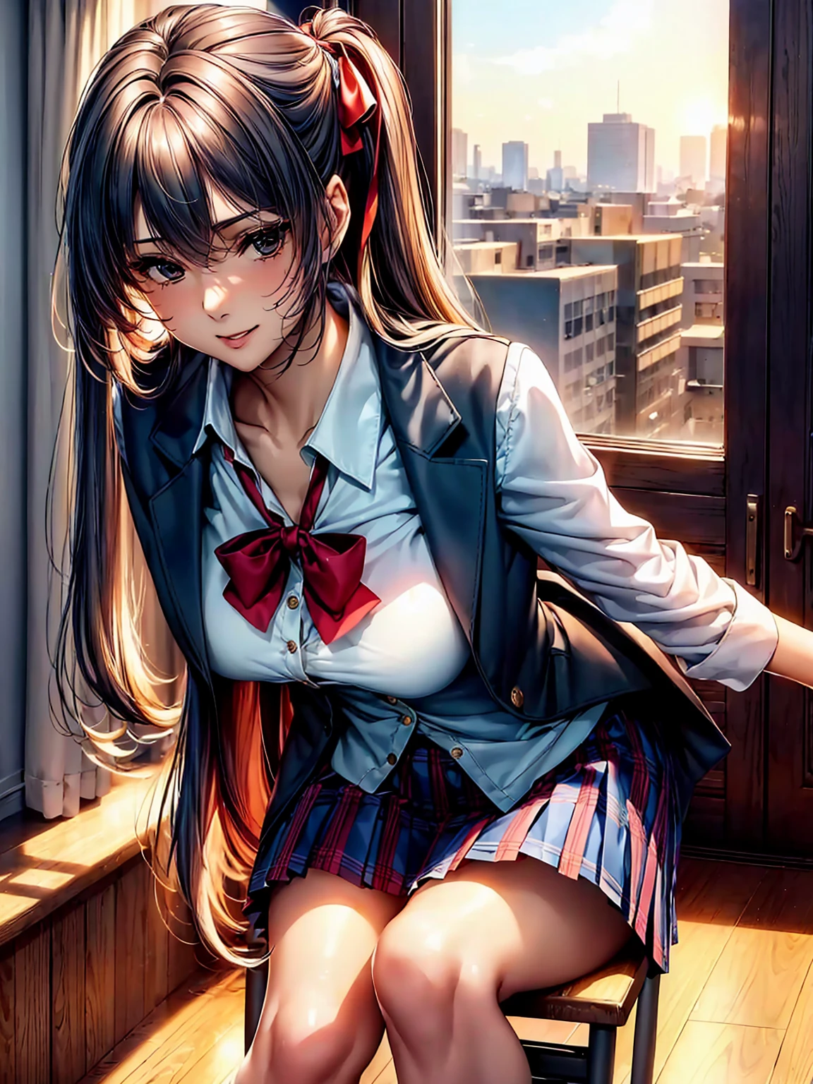(((highest quality、masterpiece、Very high resolution、Highly detailed images)))、(One beautiful beautiful girl:Talented and colorful:18-year-old,Beautiful body:Slender and beautiful F cup breasts、Beautiful Face:smile、Beautiful Hair:Mr.々Hair style,Best skin and hair texture)、(((High School Uniform:White shirt:ribbon:Navy Blue Blazer:Red plaid pleated skirt))),School:corridor:Beautiful sunset from the window,Natural light,(Beautiful pose:Model shoot),Student Council President,Sublime Dreams,Beauty Painting,Overall image、Beautiful images,Accurate Images、Accurate anatomy、Flawless images,Perfect Image,Overall image,(Best Shot,RAW Photos:1.2) Tabletop, highest quality, Photorealistic, In detail, 8k wallpaper, Perfect dynamic composition, Beautiful fine details,