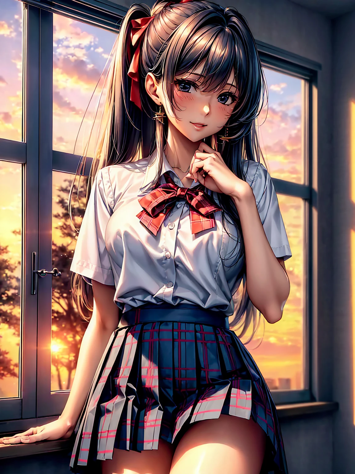 (((highest quality、masterpiece、Very high resolution、Highly detailed images)))、(One beautiful beautiful girl:Talented and colorful:18-year-old,Beautiful body:Slender and beautiful F cup breasts、Beautiful Face:smile、Beautiful Hair:Mr.々Hair style,Best skin and hair texture)、(((High School Uniform:White shirt:ribbon:Navy Blue Blazer:Red plaid pleated skirt))),School:corridor:Beautiful sunset from the window,Natural light,(Beautiful pose:Model shoot),Student Council President,Sublime Dreams,Beauty Painting,Overall image、Beautiful images,Accurate Images、Accurate anatomy、Flawless images,Perfect Image,Overall image,(Best Shot,RAW Photos:1.2) Tabletop, highest quality, Photorealistic, In detail, 8k wallpaper, Perfect dynamic composition, Beautiful fine details,