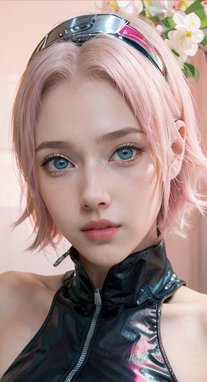 young woman, short shoulder-length pink hair, wide forehead, porcelain skin, pink eyebrows, big emerald green eyes, buttoned nose, full lips, heart-shaped face, slender body, small breasts, red tank top, Sakura Haruno , realistic, realism, details, 3d, well detailed
